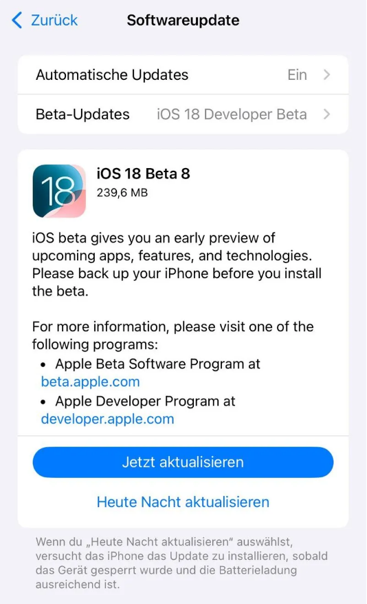 肥城苹果手机维修分享苹果 iOS / iPadOS 18 开发者预览版 Beta 8 发布 